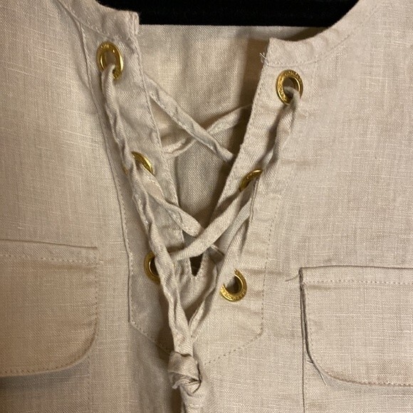 Ellen Tracy linen blouse shirt quarter sleeve oversize baggy tie lagen cottage - Picture 11 of 11